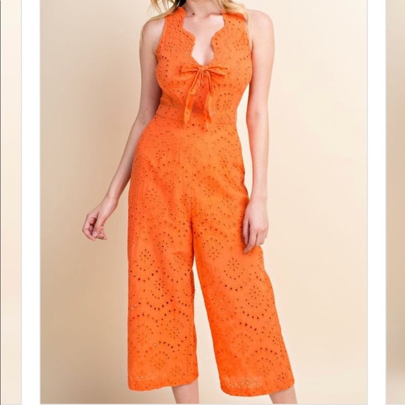 Pants - EYELET LACE BOW BODICE PALAZZO SLEEVELESS JUMPSUIT